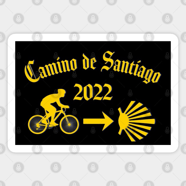 Camino de Santiago Typography Man Riding a  Bicycle Yellow Arrow Scallop Shell Magnet by Brasilia Catholic